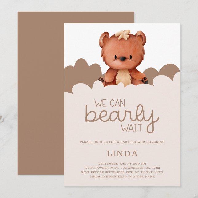 Brown Bear We Can Bearly Wait Baby Shower Invitation (Front/Back)