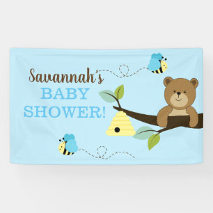 Brown Bear with Blue Bumble Bees Boy Custom Banner