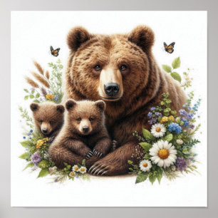 Brown Bear with Cubs Floral Meadow Wildlife Poster