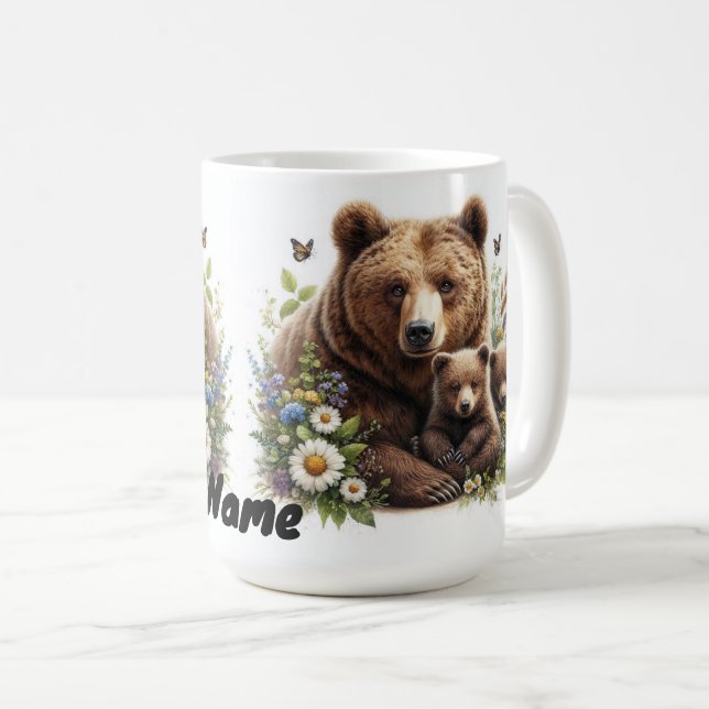 Brown Bear with Cubs in a Floral Meadow Coffee Mug (Front Right)