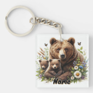 Brown Bear with Cubs in a Floral Meadow Key Ring
