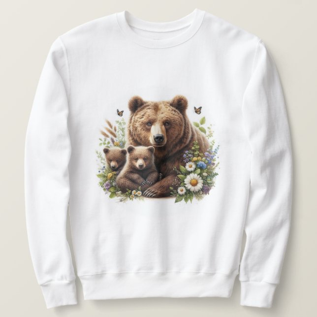 Brown Bear with Cubs in a Floral Meadow Sweatshirt (Design Front)