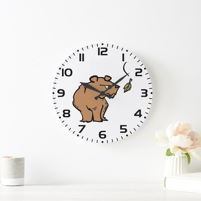 Brown Bear with Falling Autumn Leaf Cute Wildlife  Large Clock (Creator Uploaded)