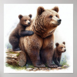 Brown Bear with Two Cubs Poster