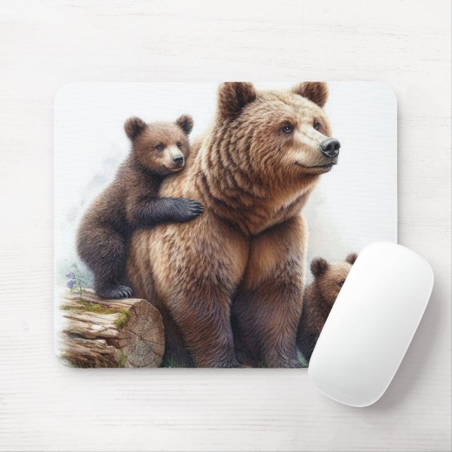 Brown Bear with Two Cubs Rustic Wildlife Mouse Mat (With Mouse)
