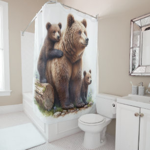 Brown Bear with Two Cubs Rustic Wildlife Shower Curtain