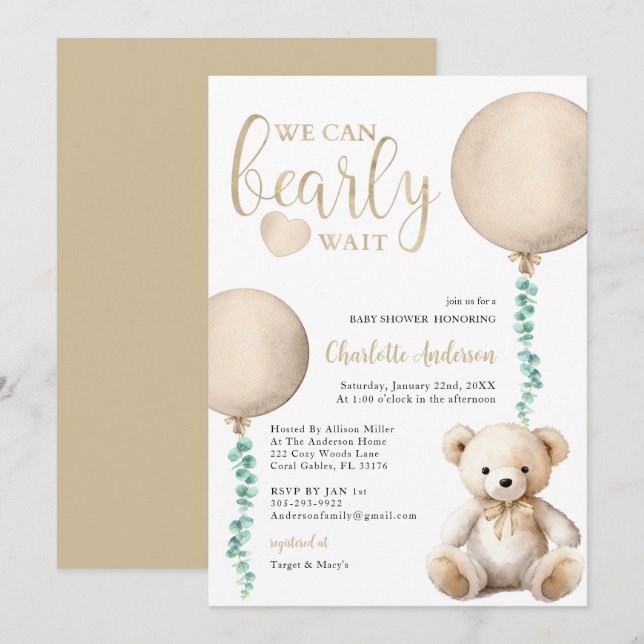 Brown Bearly Wait Baby Shower Invitation (Front/Back)