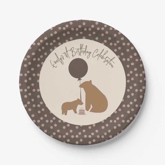 Brown Bears Balloon Cake First Birthday Party Paper Plate (Front)