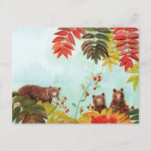 Brown Bears  Eating Red Rowan Berries  Holiday Postcard
