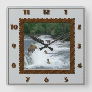 Brown Bears Fishing Square Wall Clock