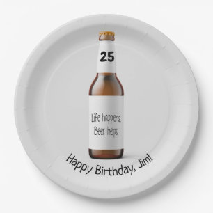 Brown beer bottle for 25th birthday paper plate