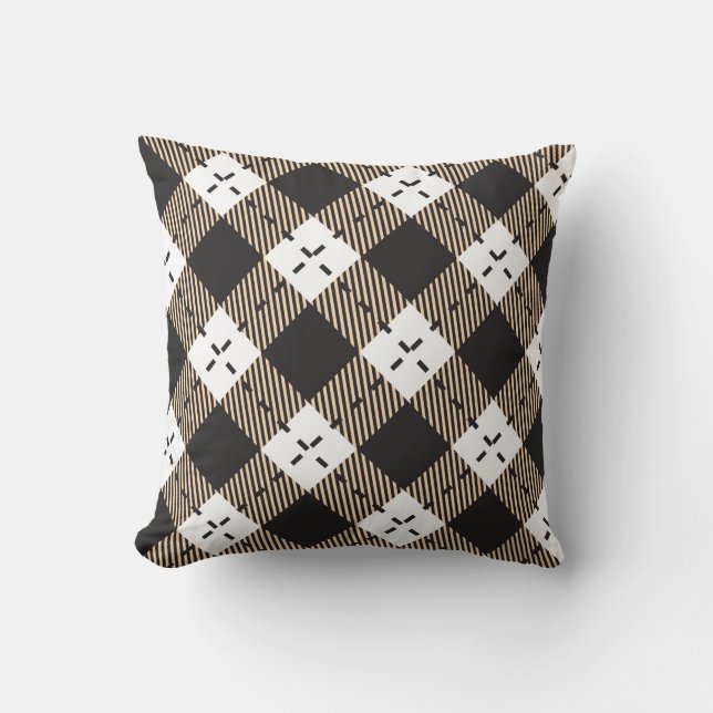 Brown beige and white plaid pattern cushion (Front)