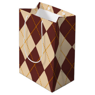 Brown Beige Autumn Fall Argyle Diamond Pattern Medium Gift Bag