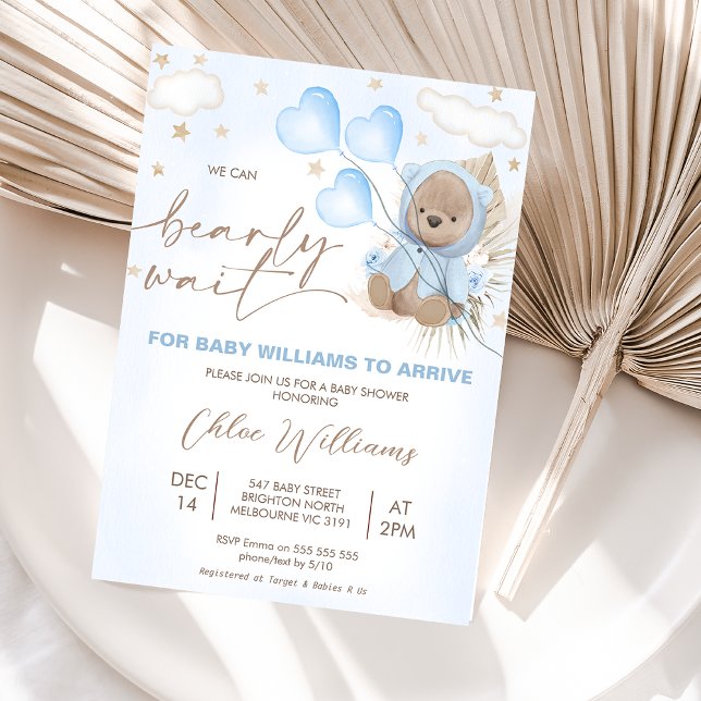 Brown Beige Bear Balloons Stars Baby Shower Invitation (We can bearly wait for baby to arrive baby shower invitation with blue heart shaped balloons.)