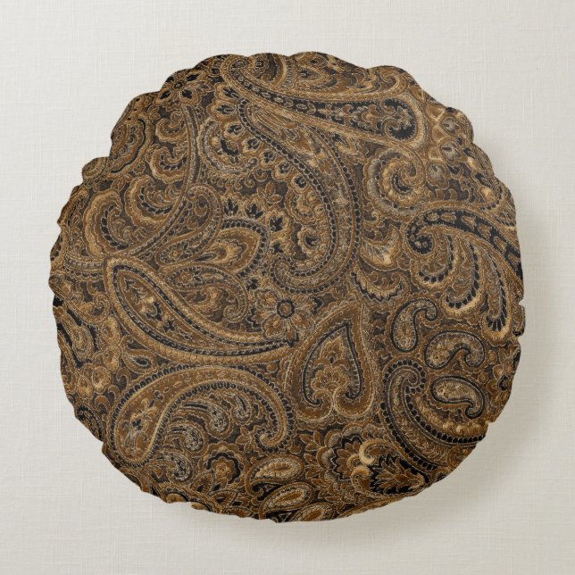Brown, Beige & Black Floral Paisley Pattern Round Cushion (Front)