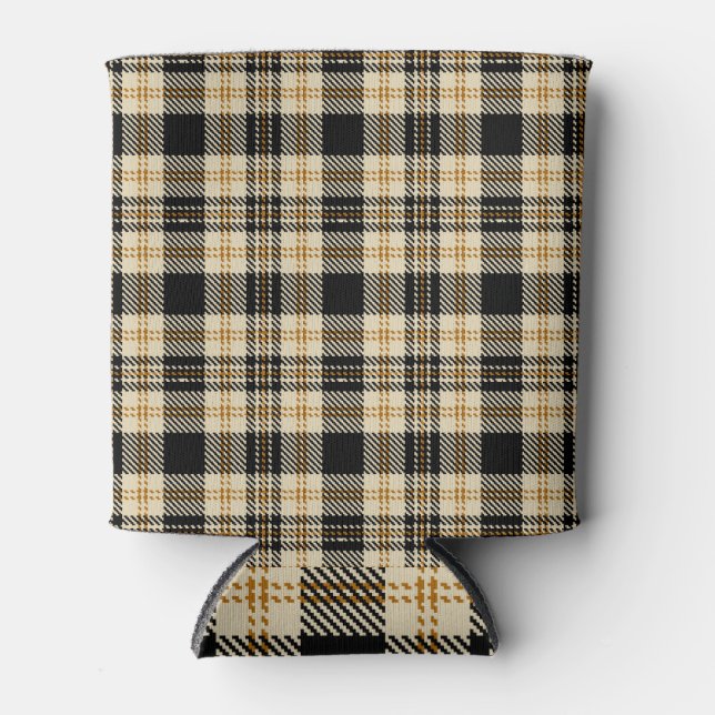 Brown Beige Black Plaid Pattern Can Cooler (Front)