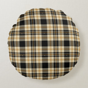Brown Beige Black Plaid Pattern Round Cushion