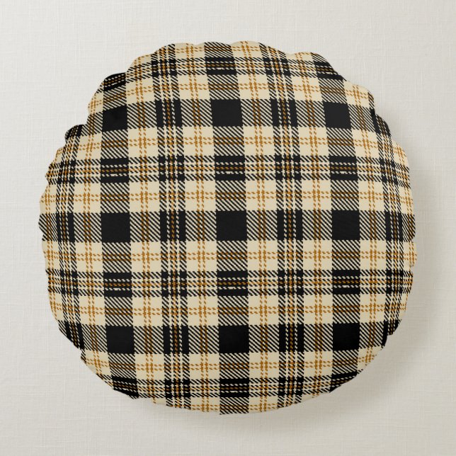 Brown Beige Black Plaid Pattern Round Cushion (Front)
