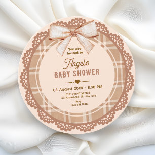Brown beige bow plaid baby shower invitation