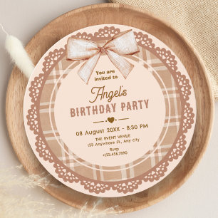 Brown beige bow plaid birthday invitation
