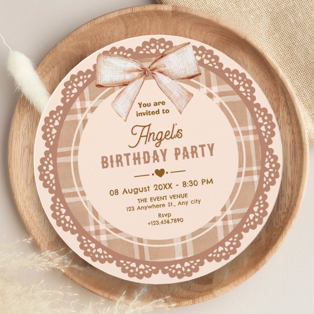 Brown beige bow plaid birthday invitation (Creator Uploaded)