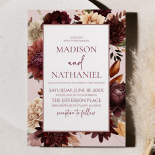 Brown Beige Burgundy Floral Flowers Wedding Invitation