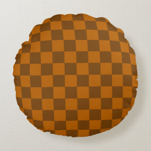 Brown Beige Checkered Block Print  Round Cushion