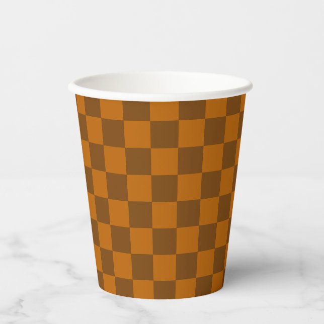 Brown Beige Chequered Block Print  Paper Cups (Front)