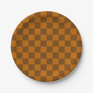 Brown Beige Chequered Block Print  Paper Plate