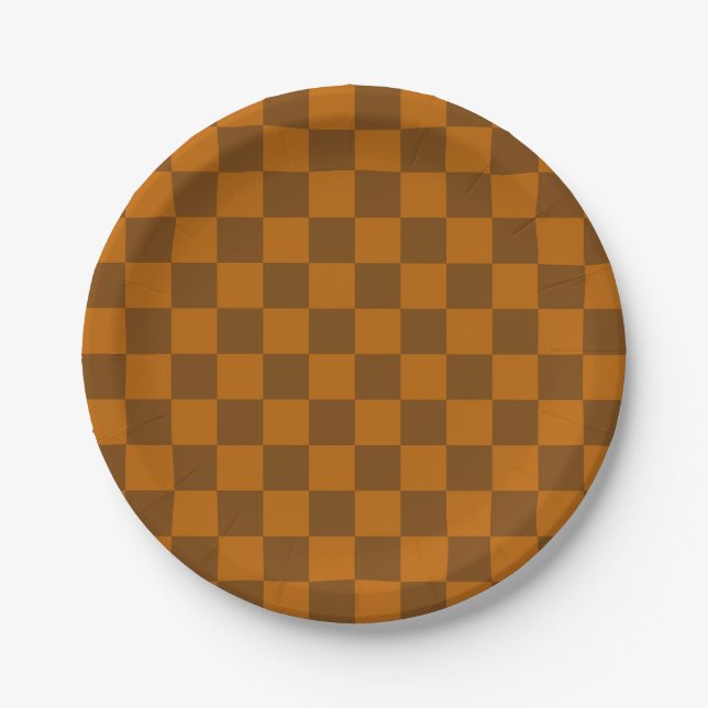 Brown Beige Chequered Block Print  Paper Plate (Front)