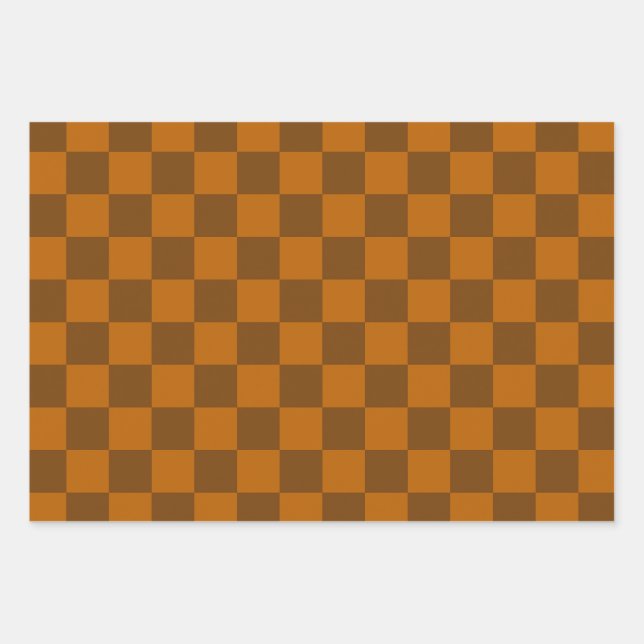 Brown Beige Chequered Block Print  Wrapping Paper Sheet (Front)