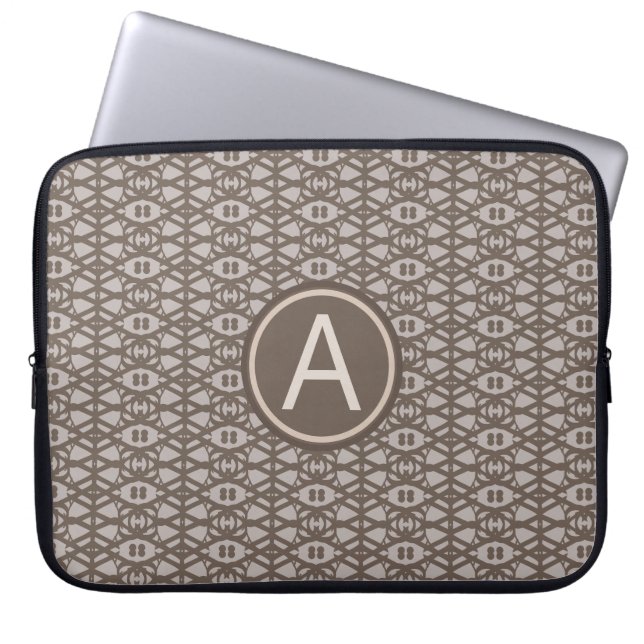 Brown beige diamond pattern & monogram laptop sleeve (Front)