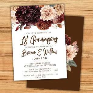 Brown Beige Floral 1st Wedding Anniversary  Invitation