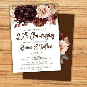 Brown Beige Floral 25th Wedding Anniversary Invitation