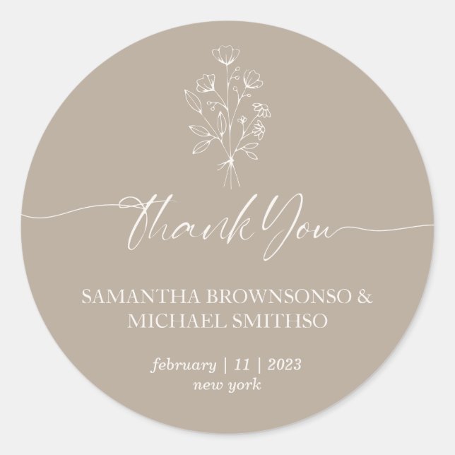 Brown Beige Floral Bouquet Thank you Classic Round Sticker (Front)