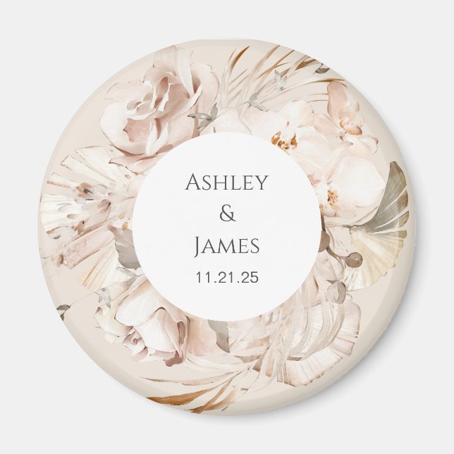 Brown-beige floral garden wedding magnet favours (Front)