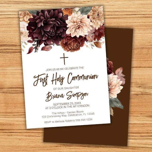 Brown Beige Flowers Floral First Holy Communion Invitation (Creator Uploaded)