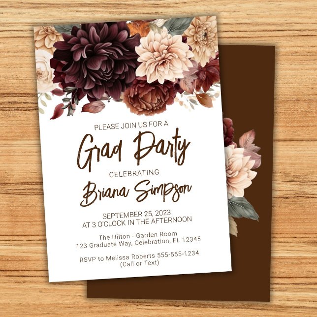 Brown Beige Flowers Floral Graduation Grad Party Invitation (Creator Uploaded)