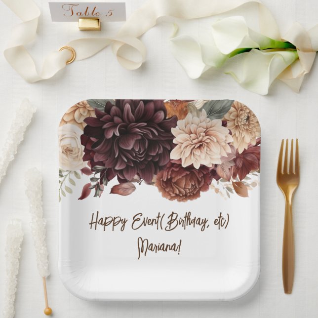 Brown Beige Flowers Floral Party Paper Plate (Wedding)