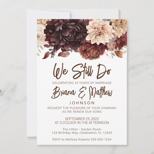 Brown Beige Flowers Floral Wedding Vow Renewal Invitation (Front)