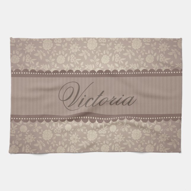 Brown Beige Flowers Pattern Custom Text Tea Towel (Horizontal)