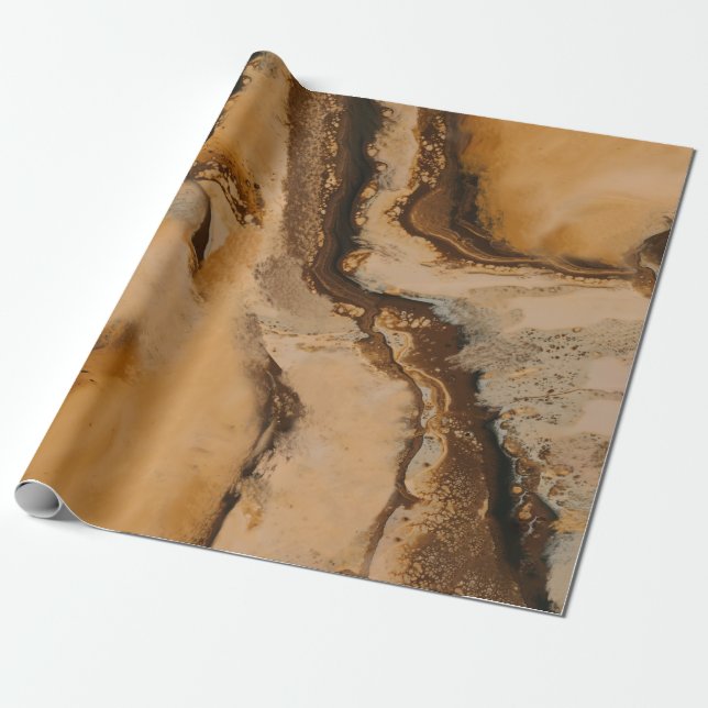 Brown Beige Fluid Art Liquid Marble Swirl Paint Wrapping Paper (Unrolled)