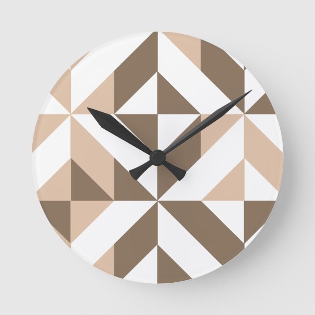Brown Beige Geometric Cube Pattern Round Clock (Front)