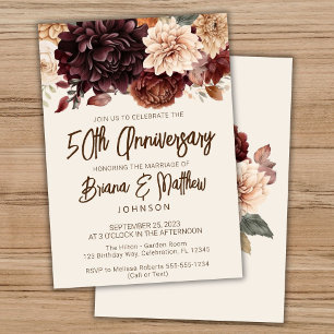 Brown Beige Ivory Floral 50th Wedding Anniversary Invitation