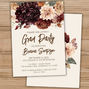 Brown Beige Ivory Floral Graduation Grad Party Invitation