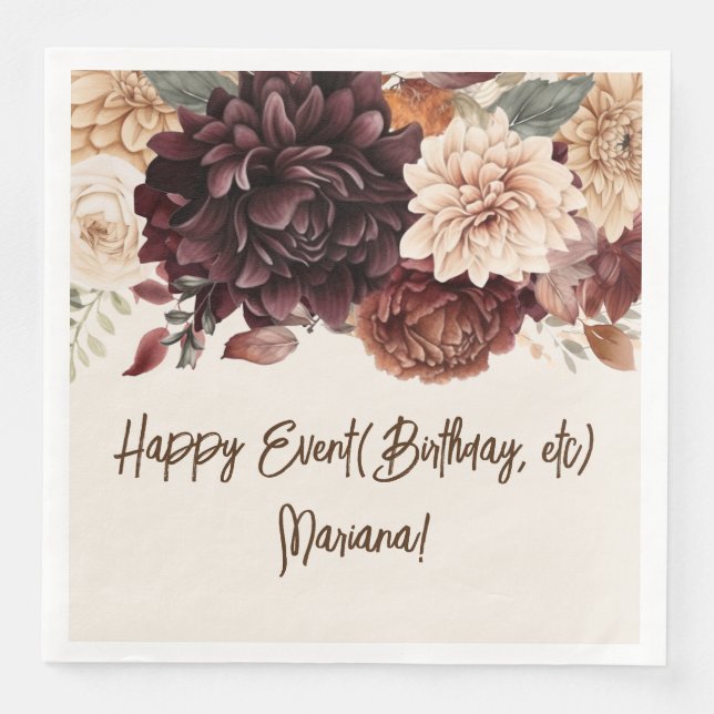 Brown Beige Ivory Floral Party Napkins (Front)