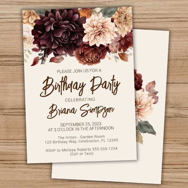 Brown Beige Ivory Flowers Birthday Party Invitation (Creator Uploaded)