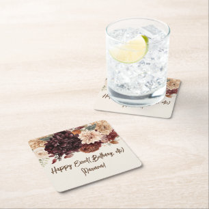 Brown Beige Ivory Flowers Floral Party Square Paper Coaster