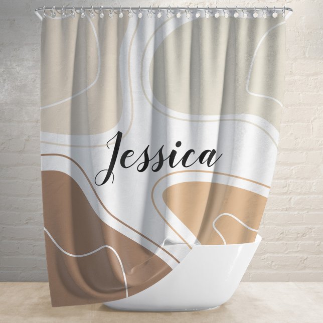 Brown Beige Modern Geometric Shapes Pattern Name Shower Curtain (Creator Uploaded)
