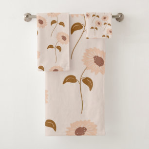 Brown Beige Retro Y2K Hippie Sunflower Pattern Bath Towel Set